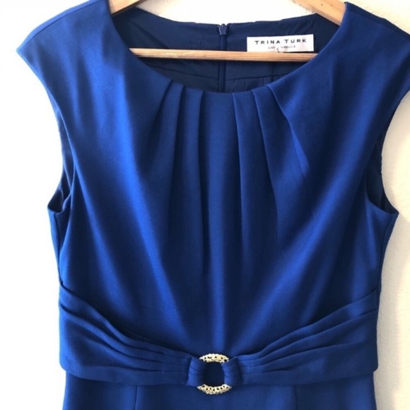 Trina Turk Annika Blue Formal Sheath Dress with Gold Buckle Women's Size Medium - Picture 2 of 5